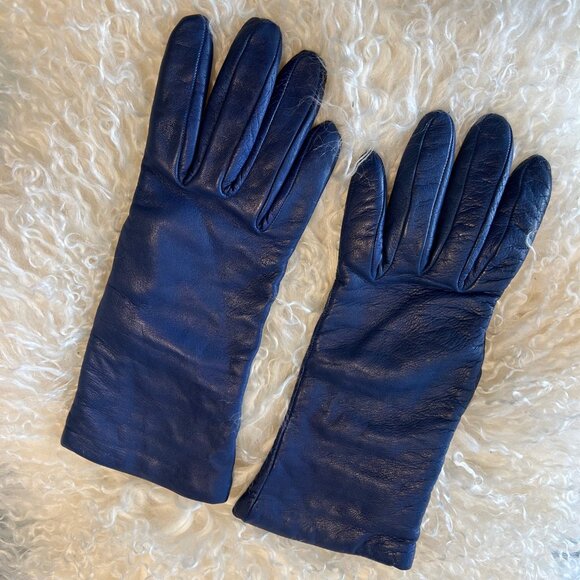 Holt Renfrew Blue Leather Gloves with Cashmere Lining Size 6 - Picture 2 of 6